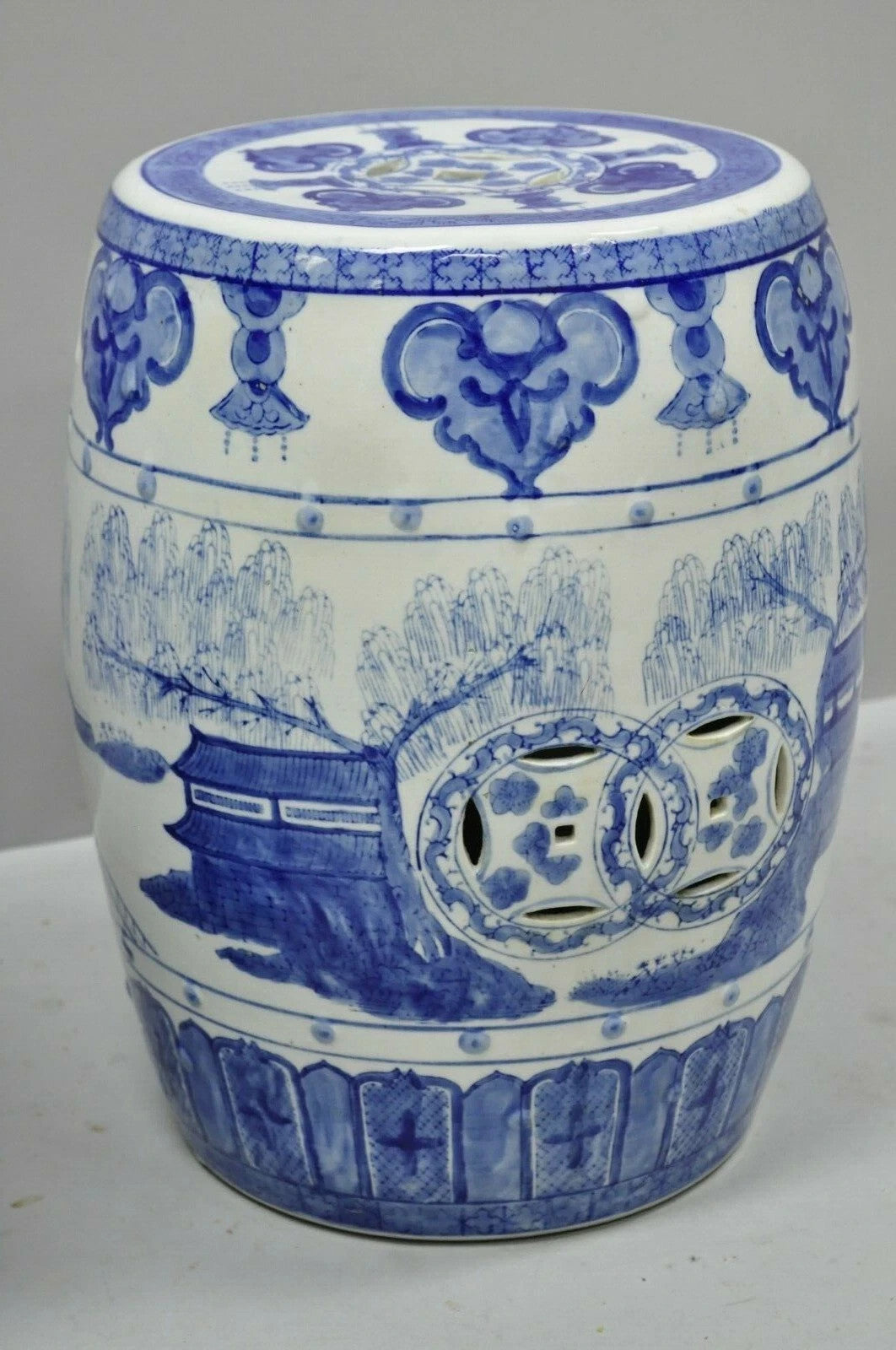 Vintage Chinese Oriental Blue & White Porcelain Garden Drum Seat Table - a Pair