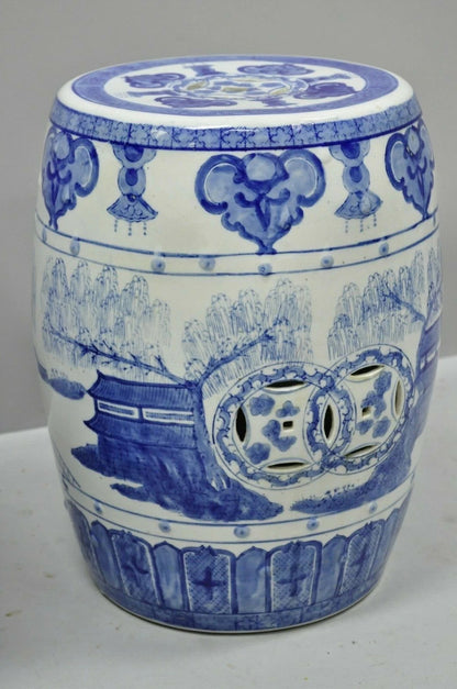 Vintage Chinese Oriental Blue & White Porcelain Garden Drum Seat Table - a Pair