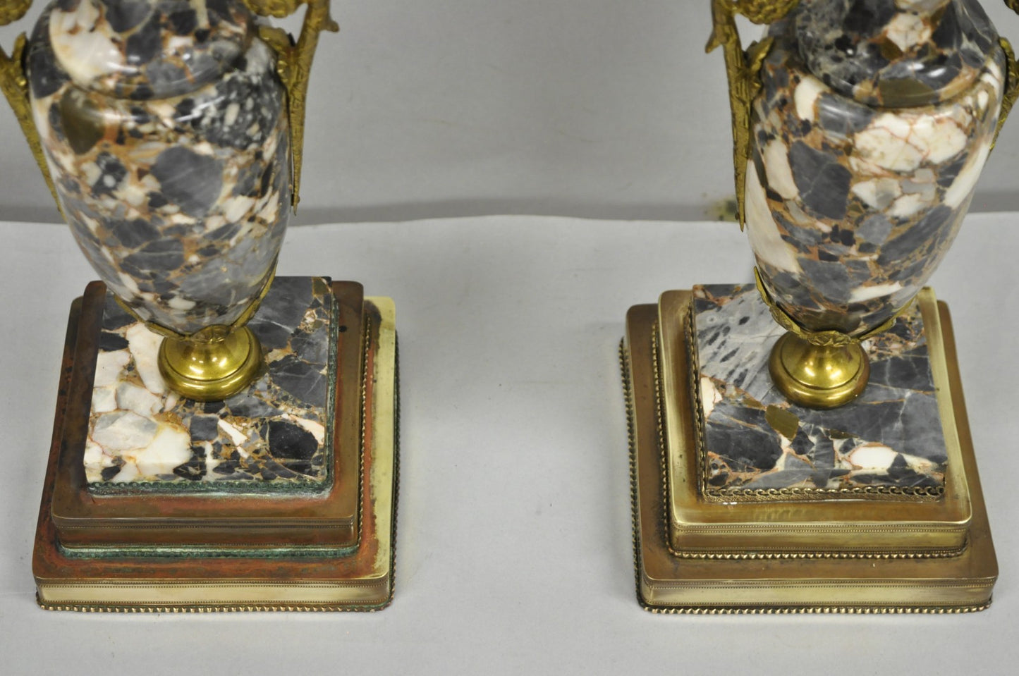 Antique French Empire Neoclassical Marble Urn Brass Candelabra Table Lamp Pair