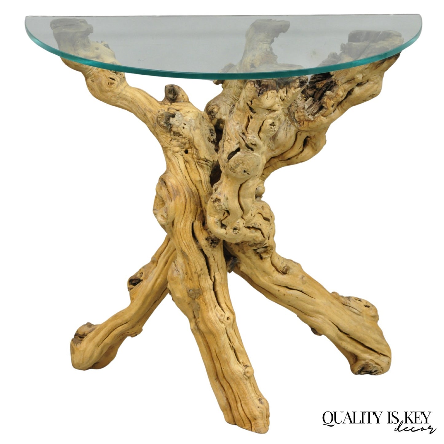 Vintage Mid Century Modern Natural Burl Driftwood Demilune Glass Console Table