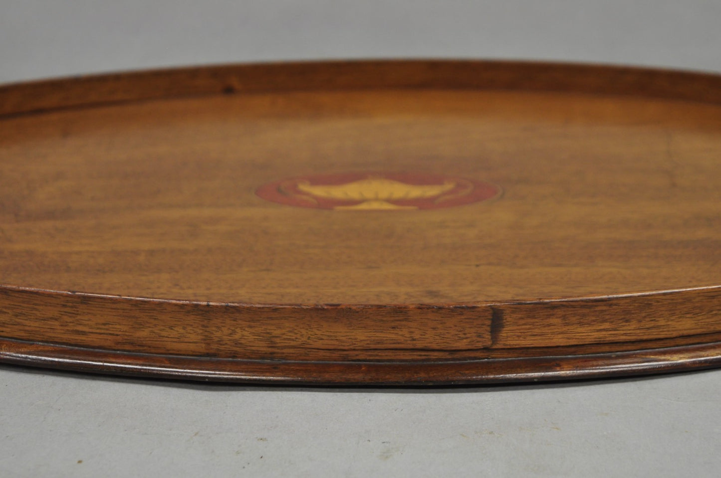 Antique English Edwardian Oval Mahogany Butlers Bar Serving Tray with Urn Inlay