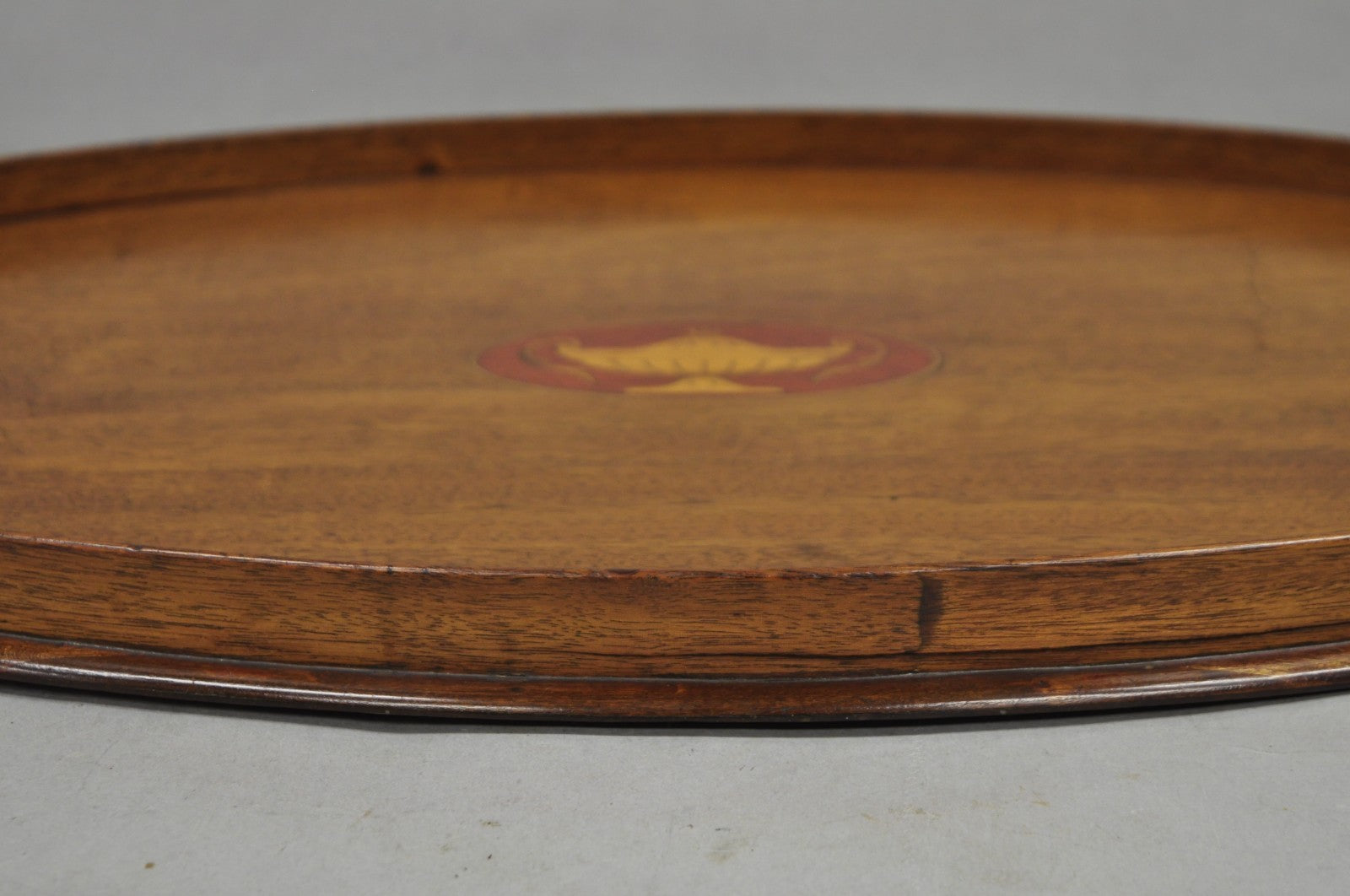 Antique English Edwardian Oval Mahogany Butlers Bar Serving Tray with Urn Inlay