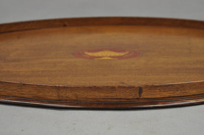 Antique English Edwardian Oval Mahogany Butlers Bar Serving Tray with Urn Inlay