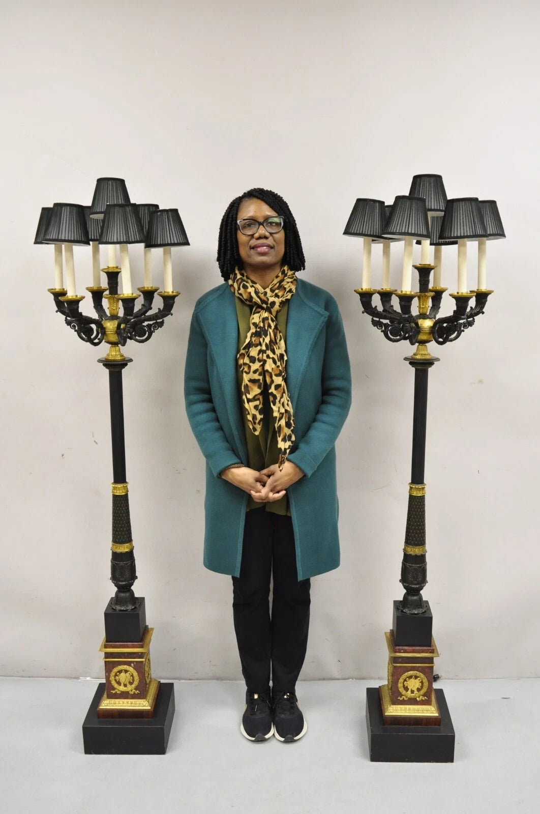 French Empire 68" Tall Bronze & Marble Lighted Candelabra Torchiere Floor Lamps
