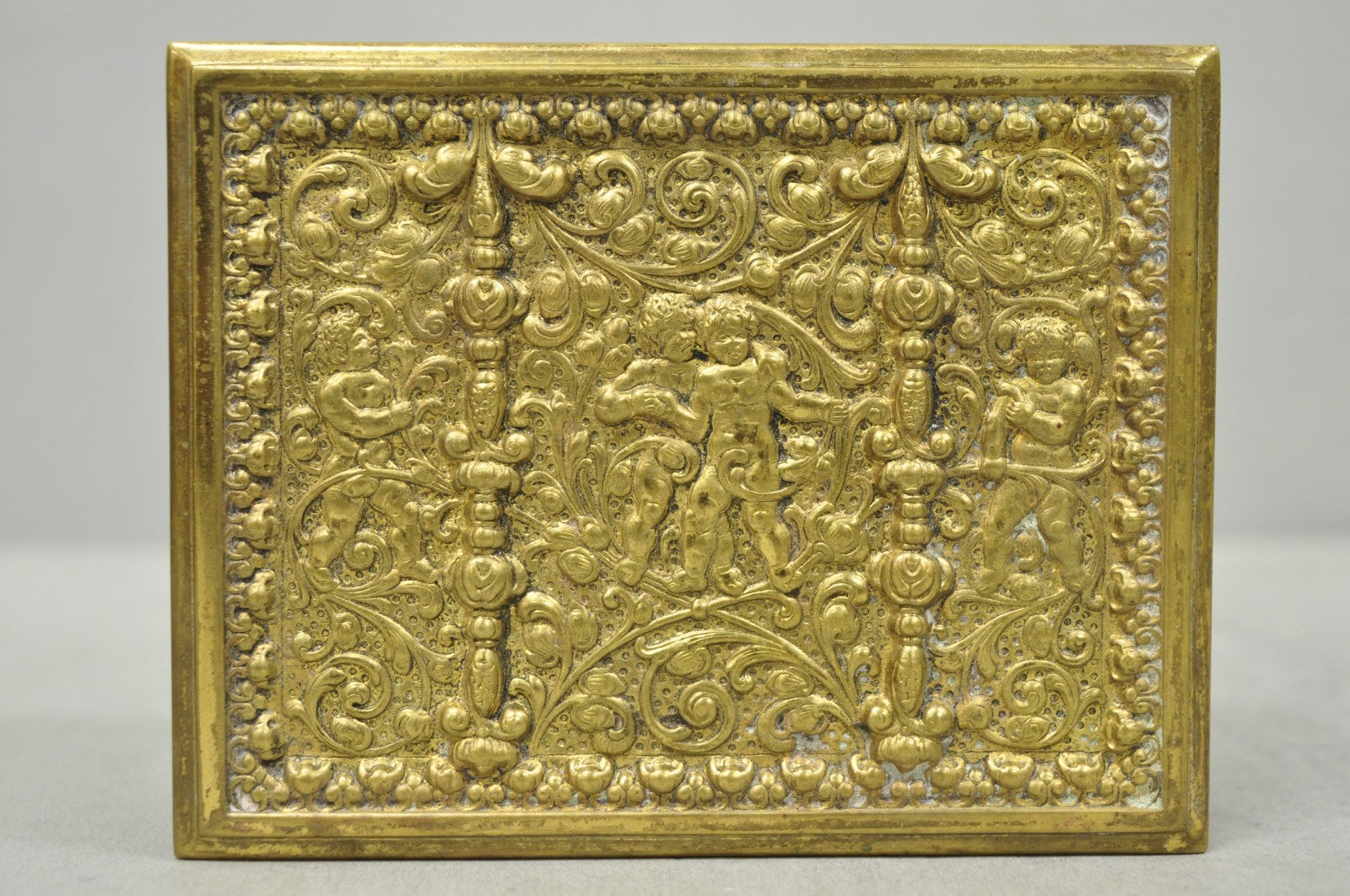 Antique Louis XV Style Brass Bronze Cherub Vanity Jewelry Tobacco Box Humidor