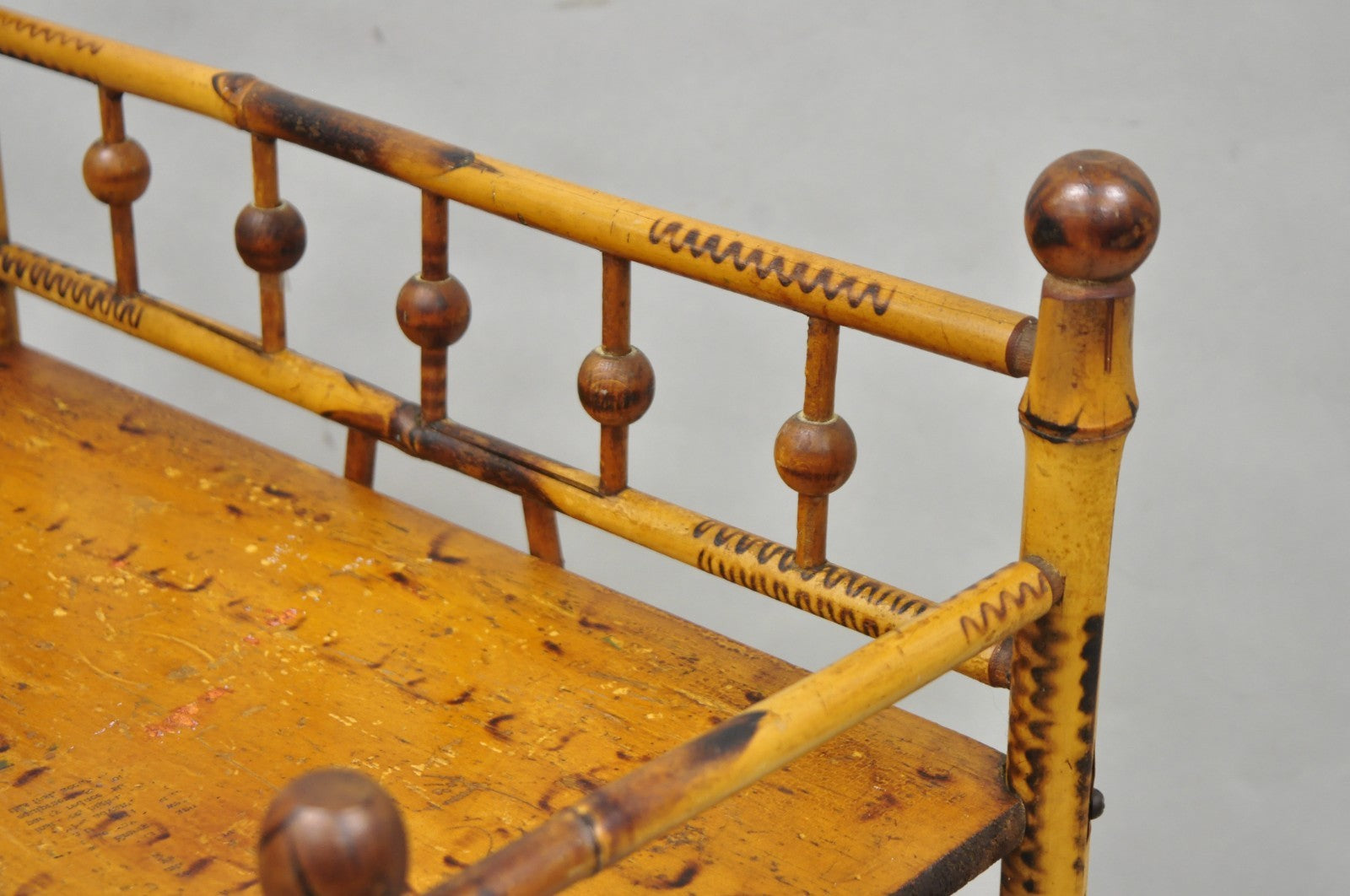 Antique English Victorian Burnt Bamboo Stick & Ball Small Bookcase Curio Shelf