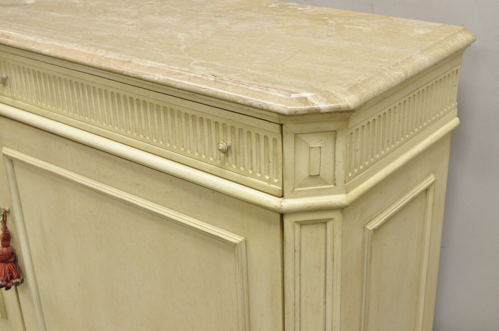 French Provincial Style Marble Top Cream Painted Sideboard Buffet Media Cabinet