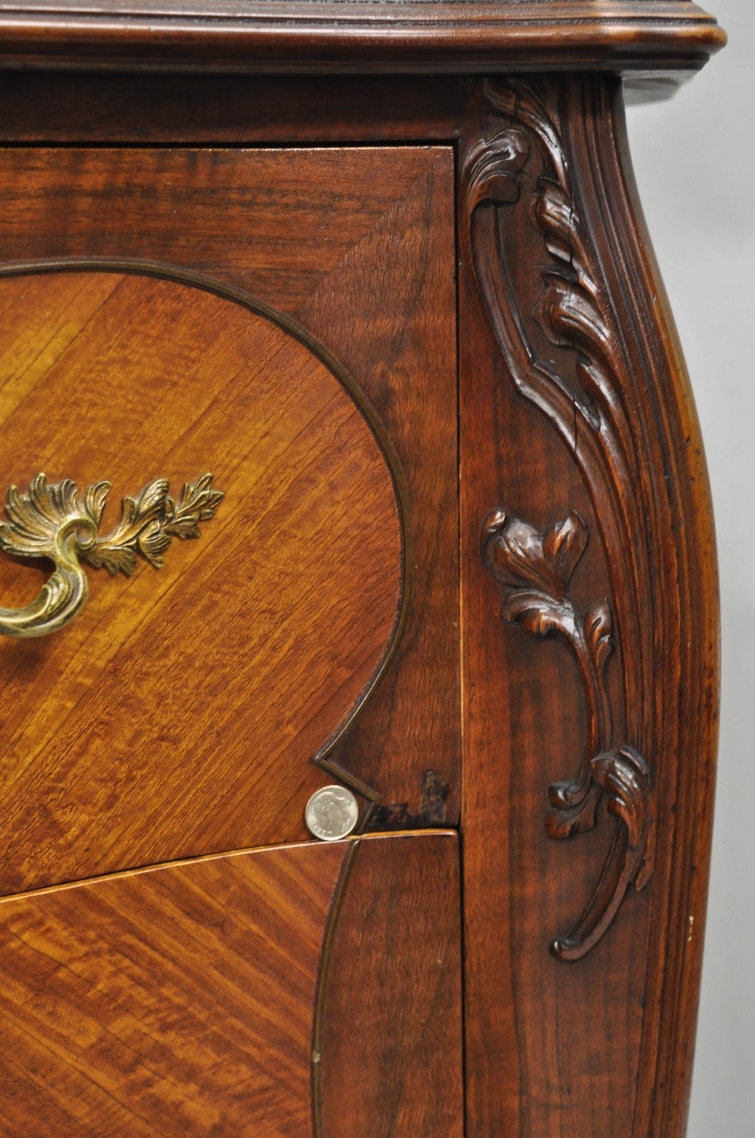 Antique French Louis XV Carved Walnut Inlaid Bombe Demilune Commode Dresser
