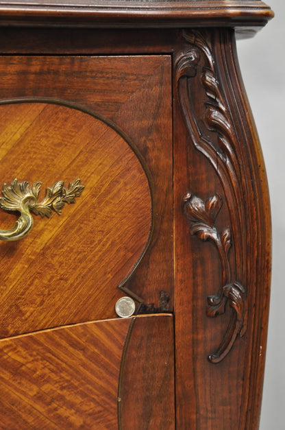 Antique French Louis XV Carved Walnut Inlaid Bombe Demilune Commode Dresser