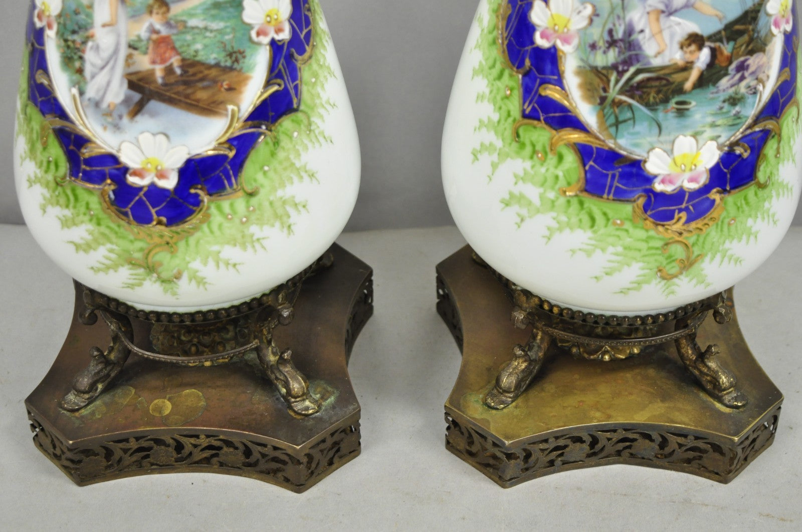 Antique Victorian French Hand Painted Angel and Child Glass Table Lamps - a Pair