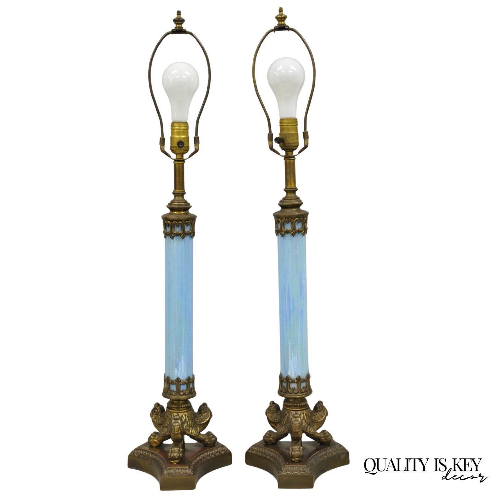 Vintage Italian Neoclassical Empire Iridescent Blue Glass Column Table Lamp Pair