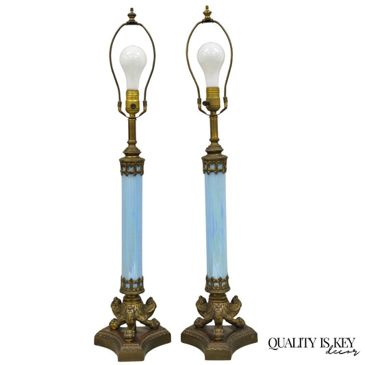 Vintage Italian Neoclassical Empire Iridescent Blue Glass Column Table Lamp Pair