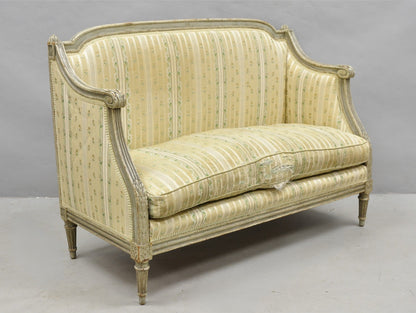 Antique French Louis XVI Style Cream Distress Painted Petite Canape Settee Sofa