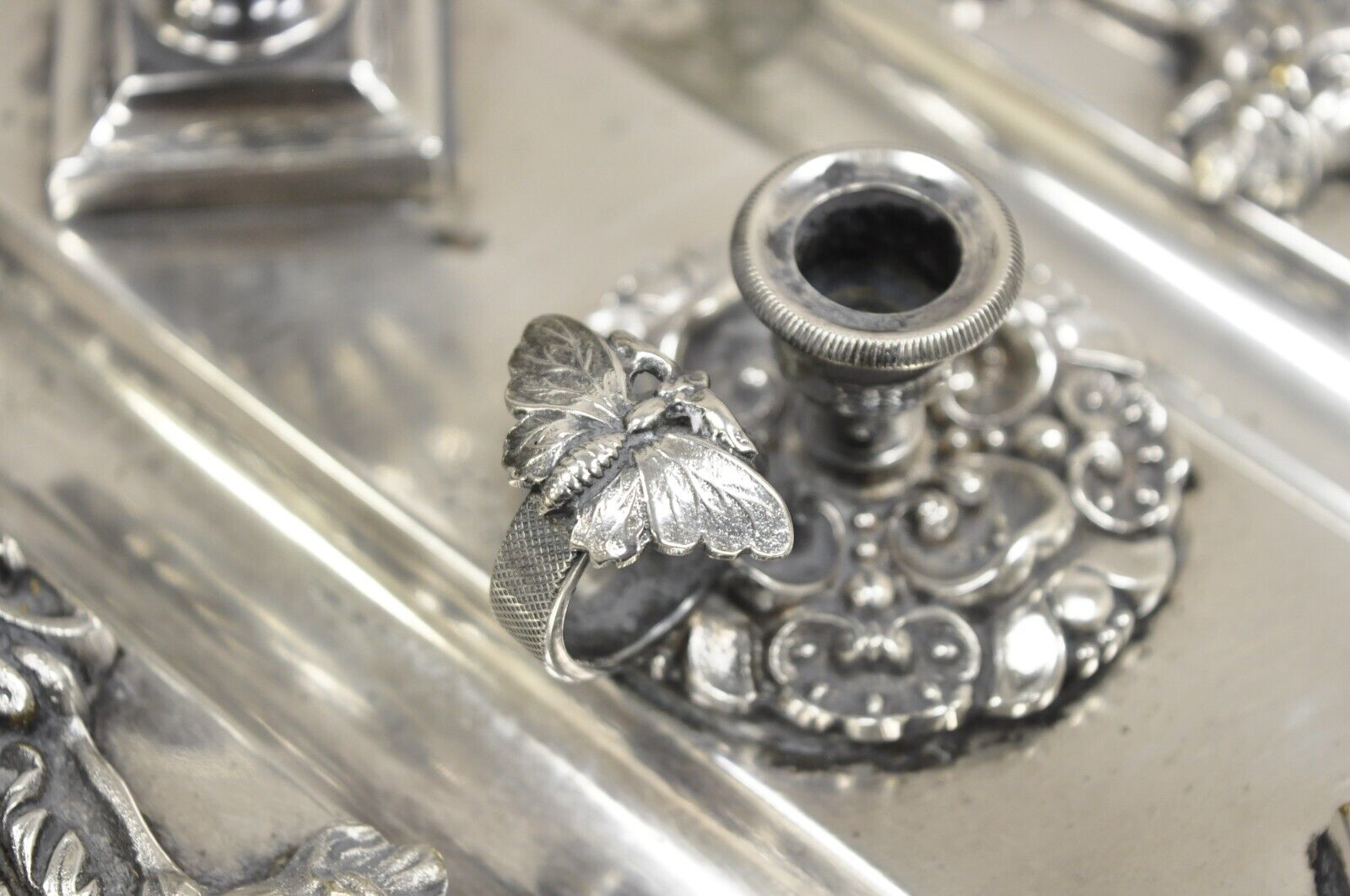 Vintage French Renaissance Silver Plated Figural Italian Inkstand Desk Inkwell