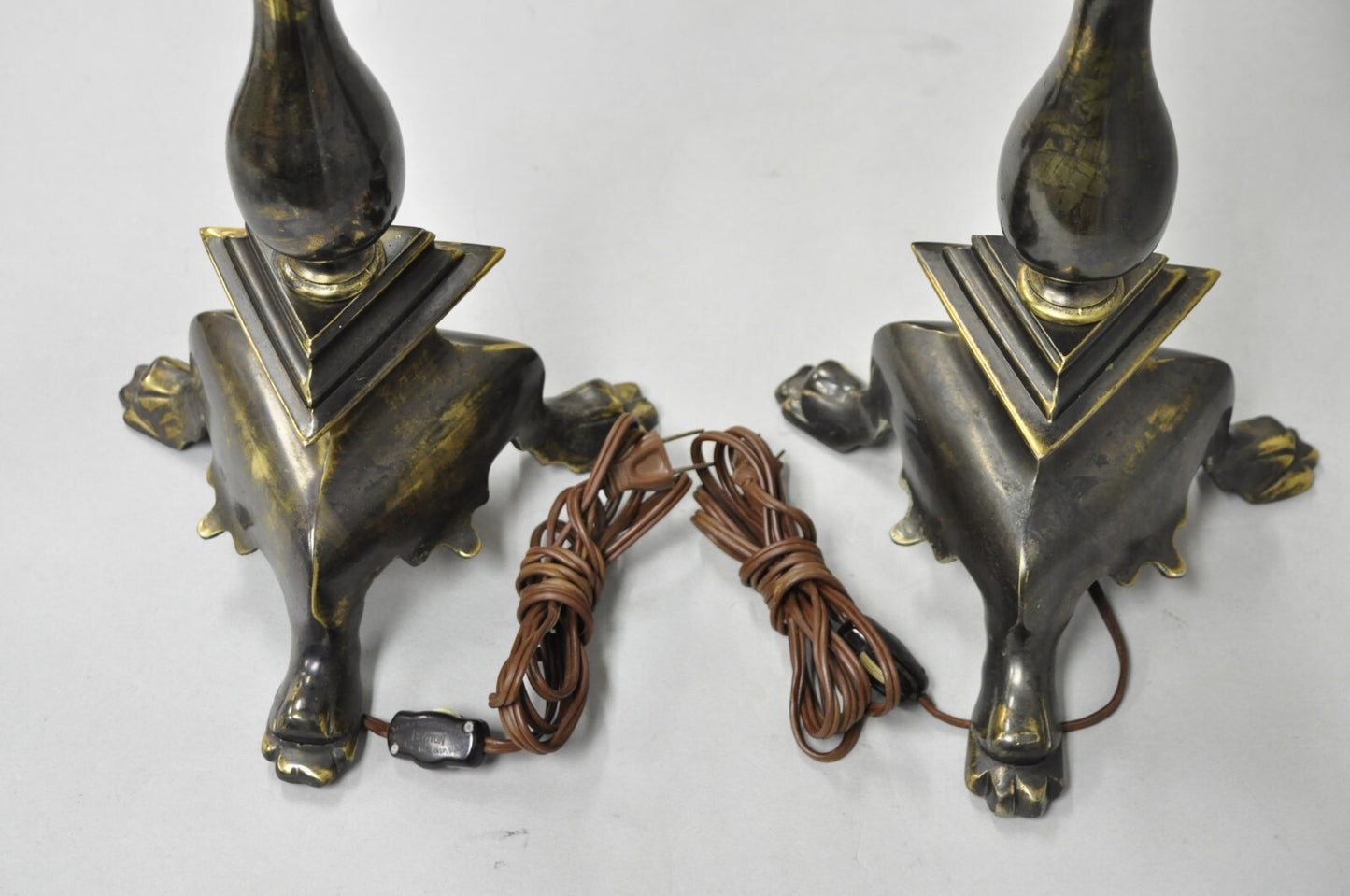 Frederick Cooper French Empire Brass Patina Trumpet Candelabra Table Lamp Pair