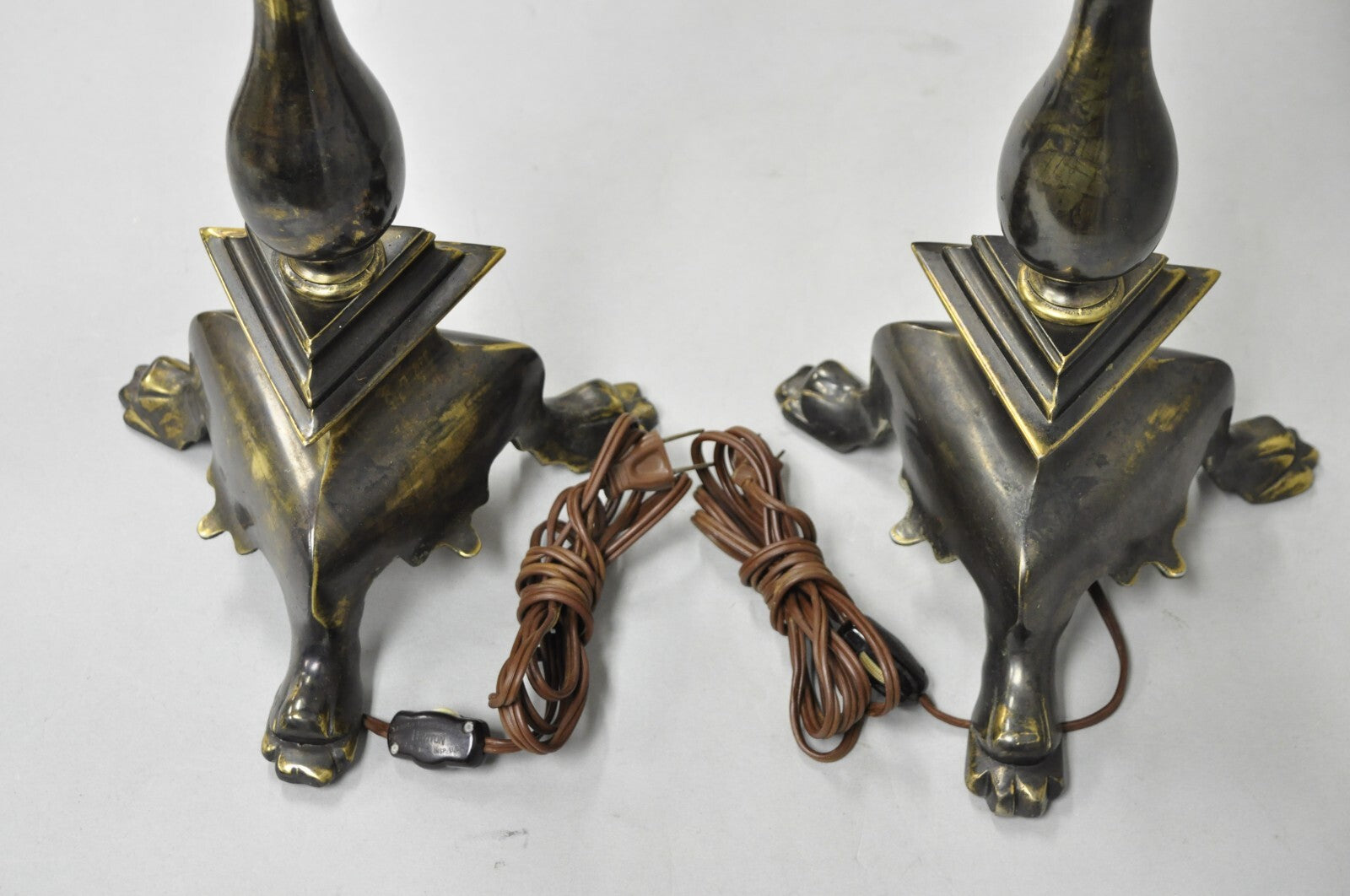 Frederick Cooper French Empire Brass Patina Trumpet Candelabra Table Lamp Pair