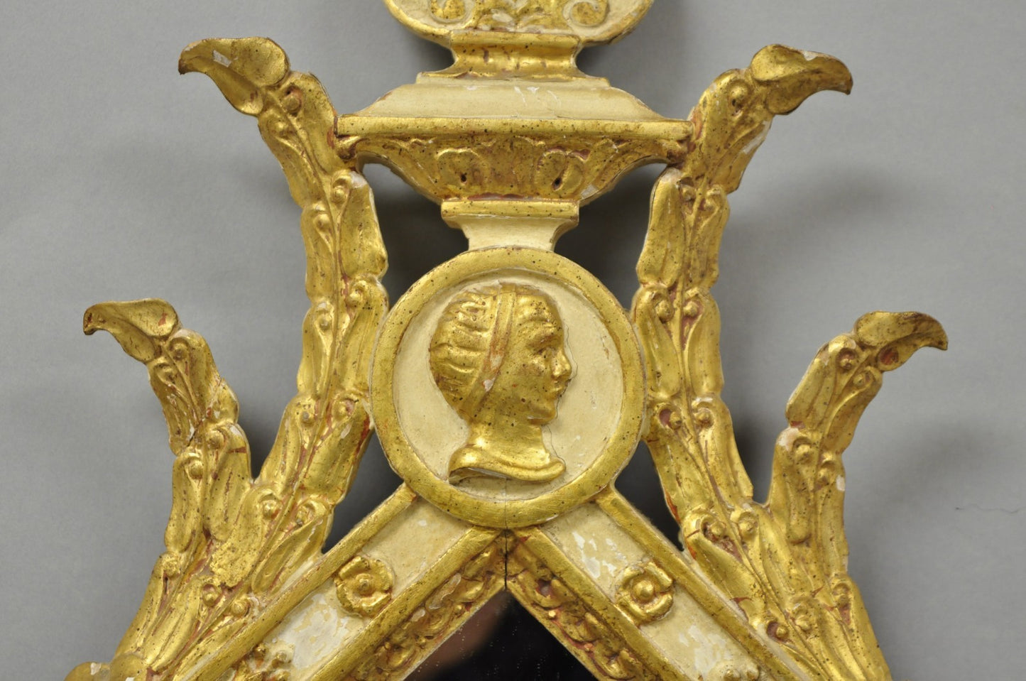 Vintage Italian Neoclassical Style Cream & Gold Gilt Carved Wood Wall Mirror