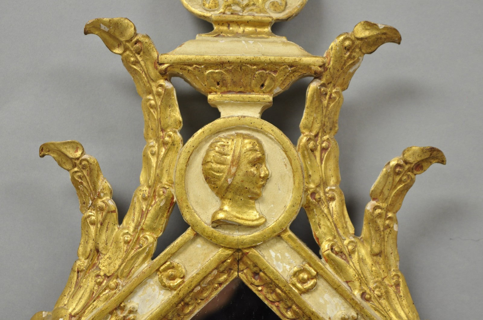 Vintage Italian Neoclassical Style Cream & Gold Gilt Carved Wood Wall Mirror