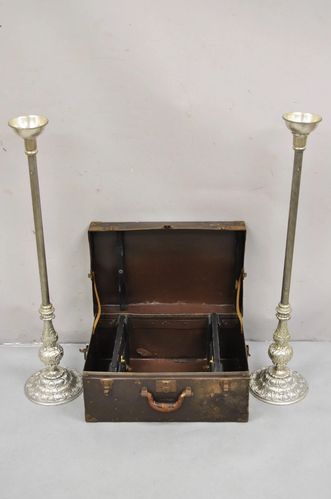Vintage 43" Tall Baroque Silver Plated Collapsible Floor Candlesticks in Box