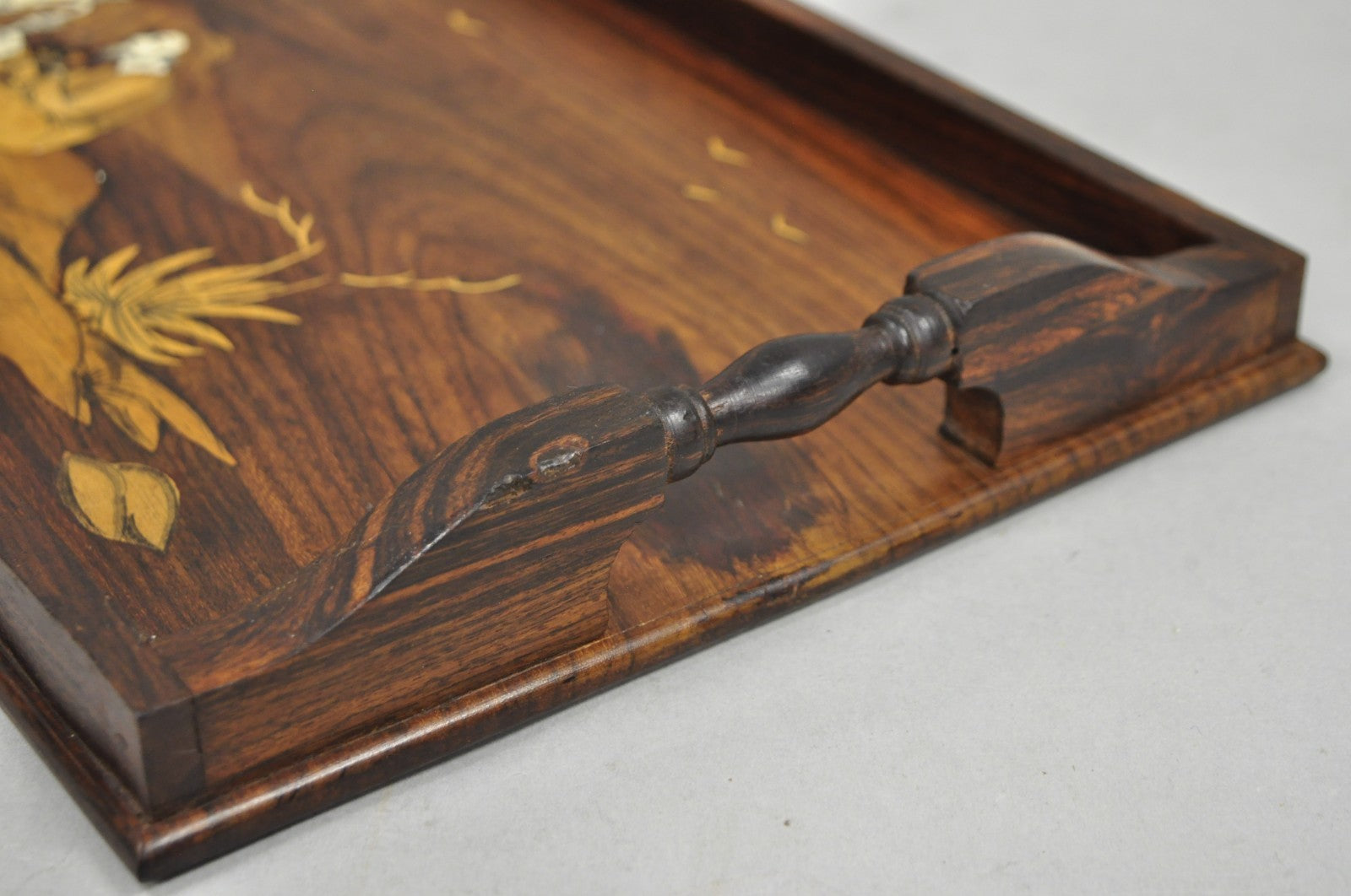 Vintage Anglo-Indian Marquetry Inlay Rosewood Twin Handle Serving Tray