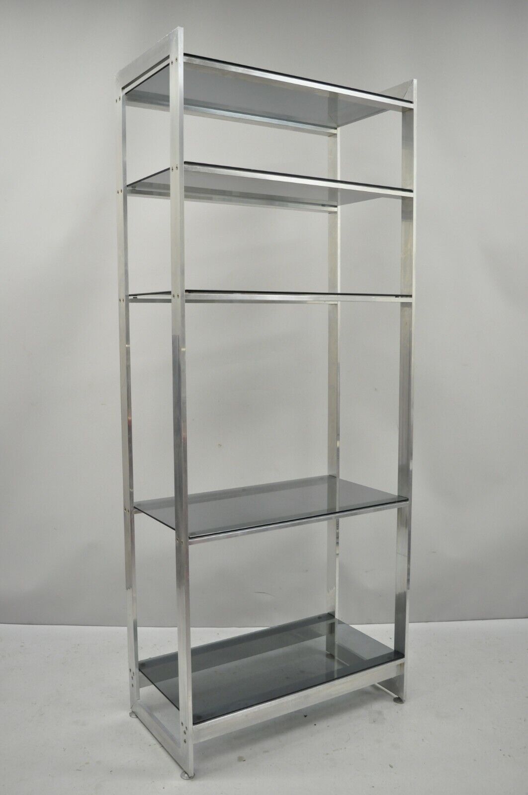 Vintage Mid Century Modern Brushed Aluminum Chrome Frame Etagere Display Shelf