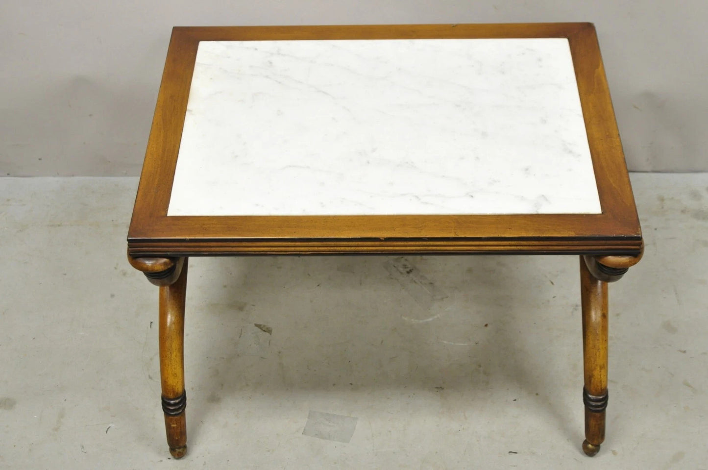 Vintage Italian Neoclassical Low Marble Top Curule X-Frame Accent Side Table