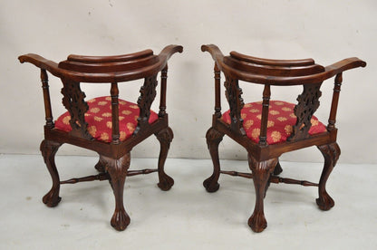 Chippendale Style Carved Mahogany Ball and Claw Corner Accent Chair - a Pair