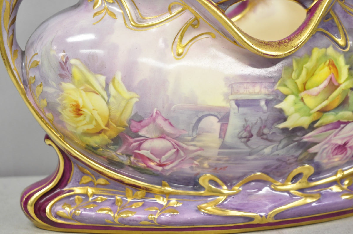 Antique Franz Anton Mehlem Royal Bonn Germany Art Nouveau Purple Jardinière Vase