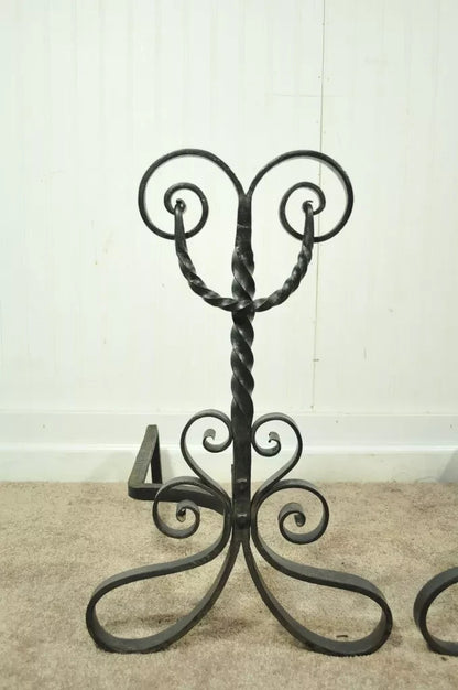 Antique Arts & Crafts Art Nouveau Black Wrought Iron Scrolling Andirons - a Pair