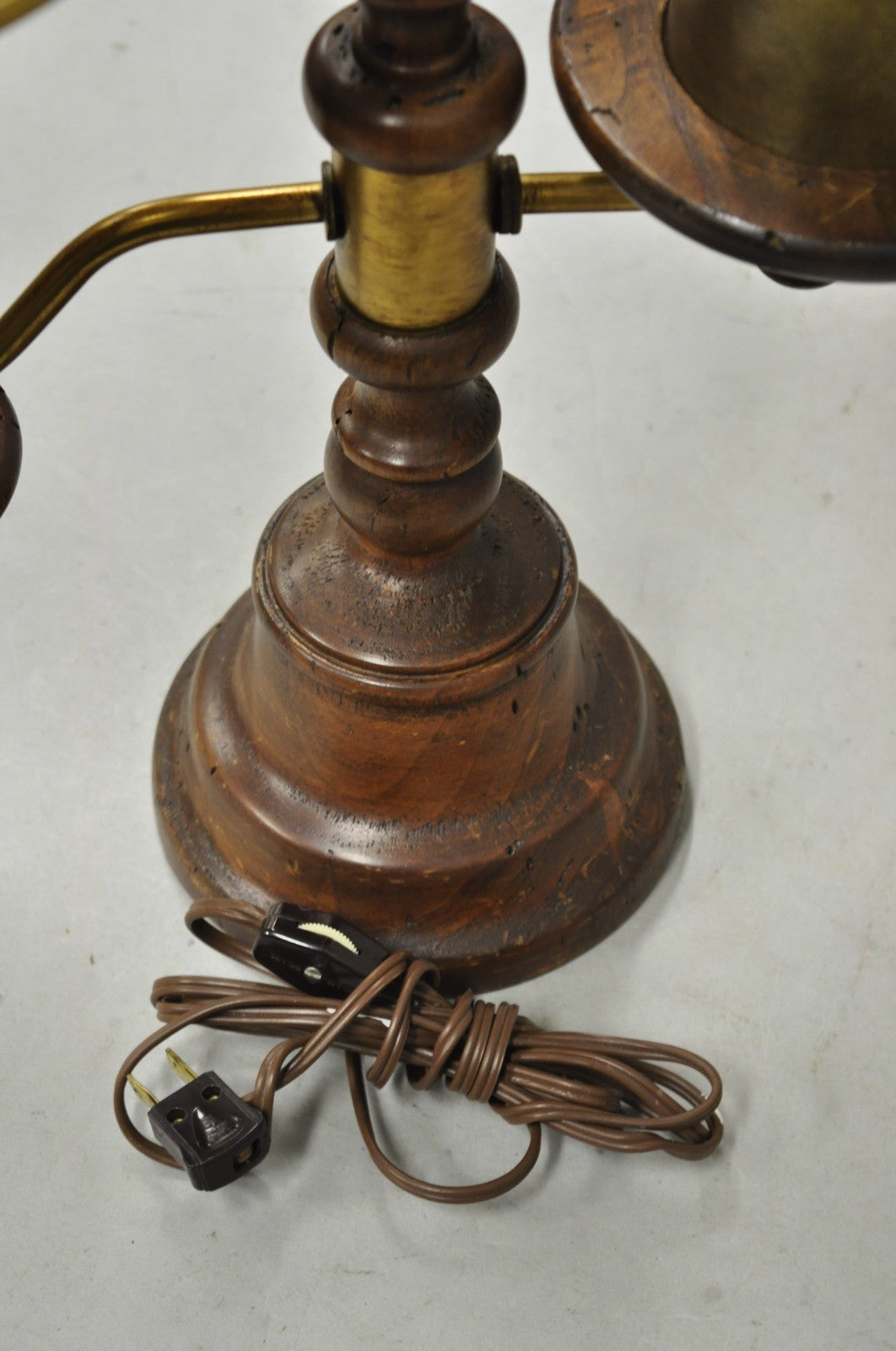 Vintage French Country Distressed Wood Brass Student Desk Lamp w/ Metal Shade
