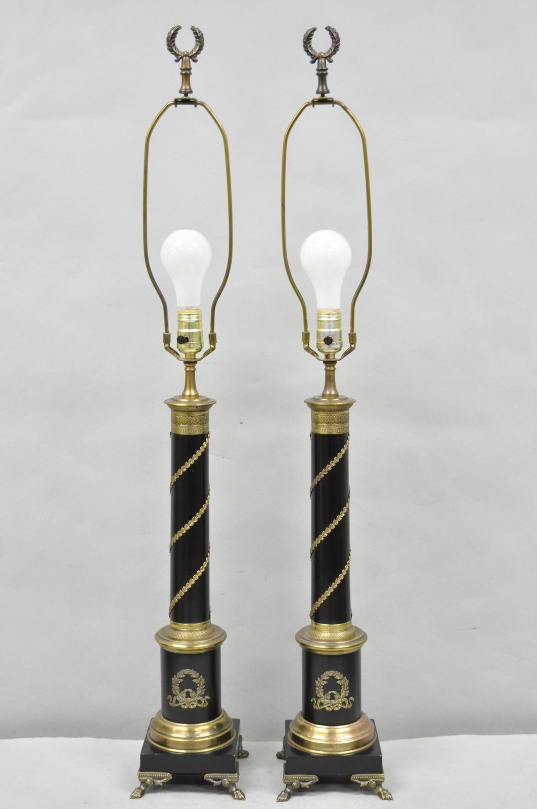 Vintage French Empire Style Black Column Brass Ormolu Bouillotte Table Lamp Pair