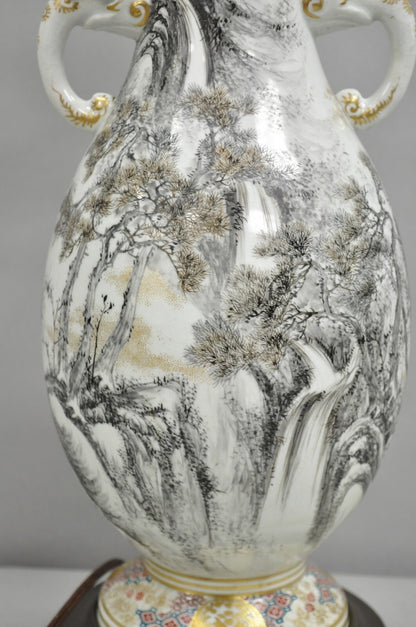 Antique Chinoiserie Chinese Porcelain Hand Painted Vase Table Lamp w/ Foo Dogs