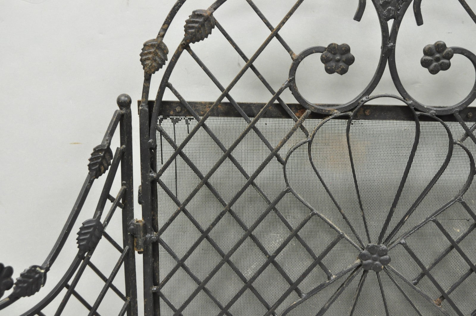Antique Gothic Arts & Crafts Wrought Iron Scrolling Folding Fireplace Screen