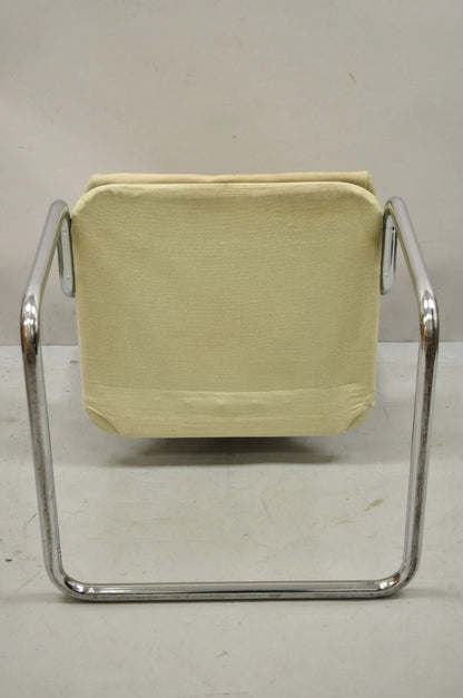 Vintage Mid Century Modern Milo Baughman Style Tubular Chrome Fabric Arm Chair