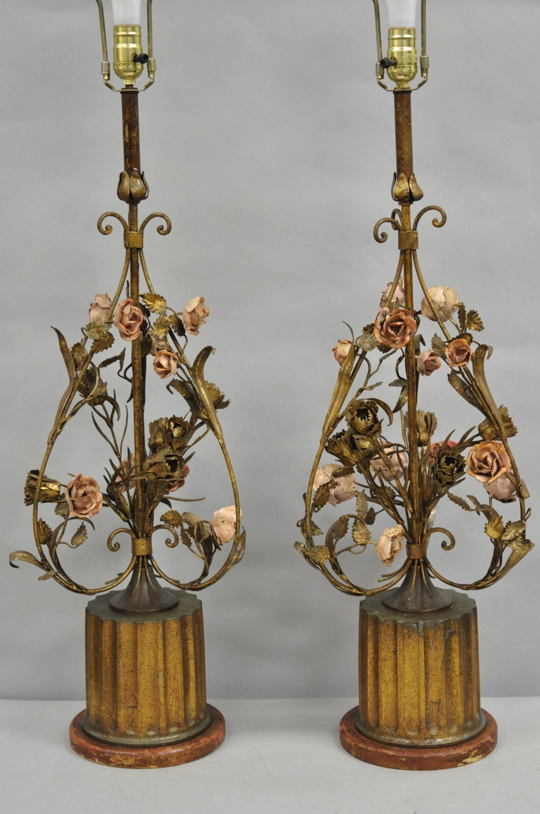 Italian Hollywood Regency Gold Gilt Iron Metal Pink Rose Tall Table Lamps Pair