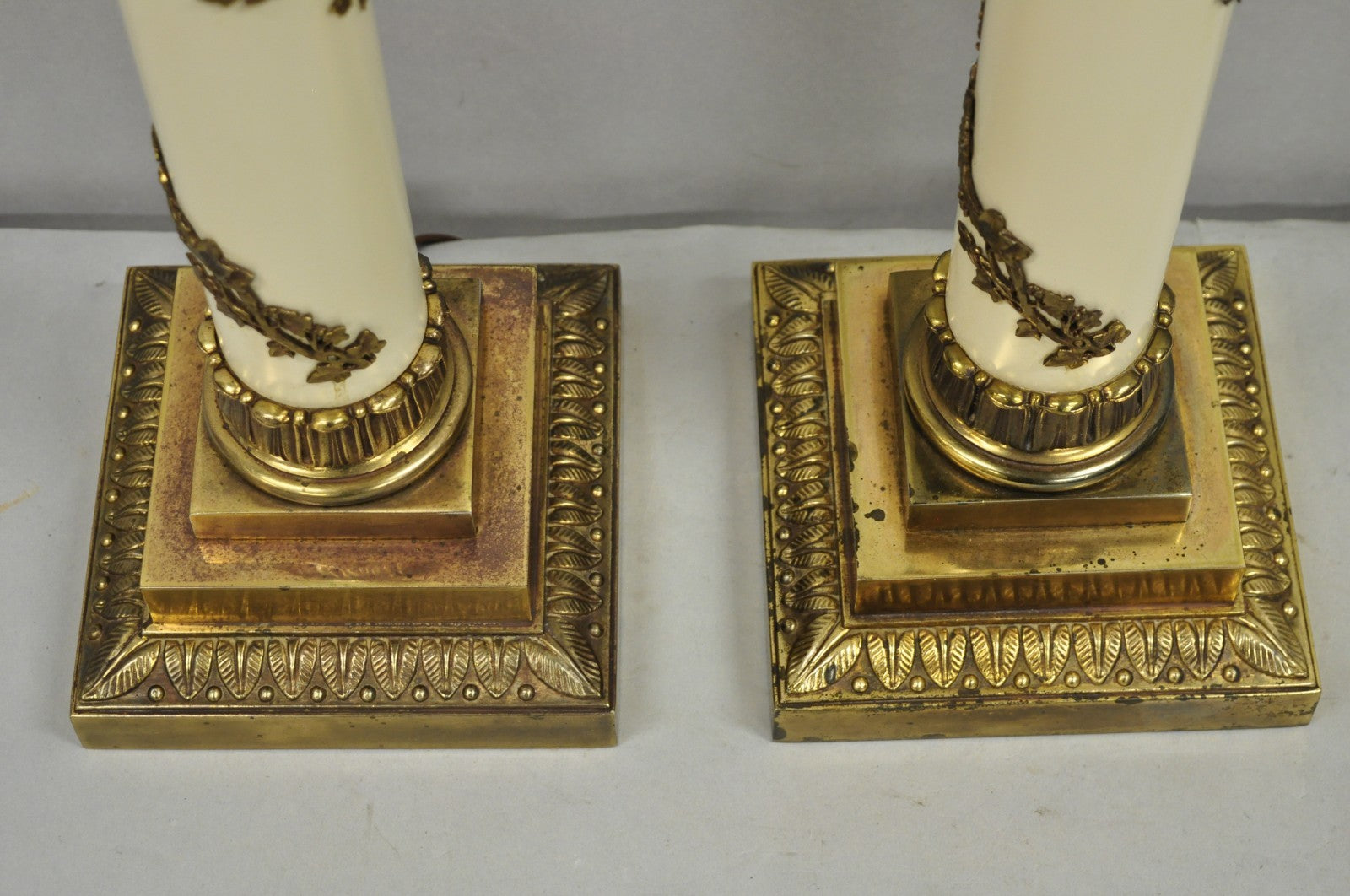 Vintage Stiffel Neoclassical Tall White Enamel Column Brass Table Lamps - a Pair