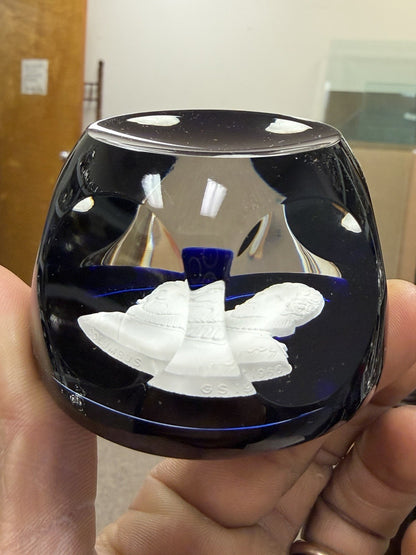 Cristal D'Albret France Christopher Columbus Sulphide Paperweight Faceted Blue