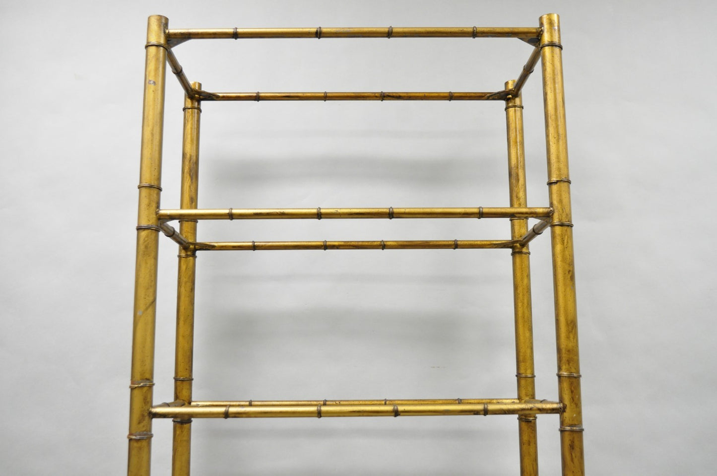 Vintage Hollywood Regency Gold Gilt Iron Metal Faux Bamboo Etagere Bookcase