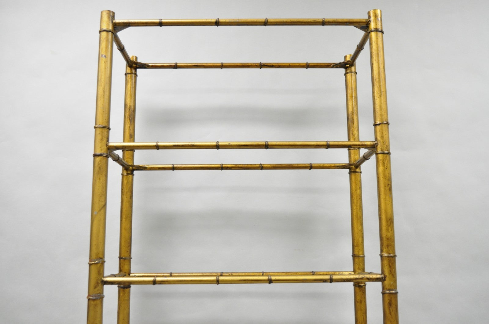 Vintage Hollywood Regency Gold Gilt Iron Metal Faux Bamboo Etagere Bookcase
