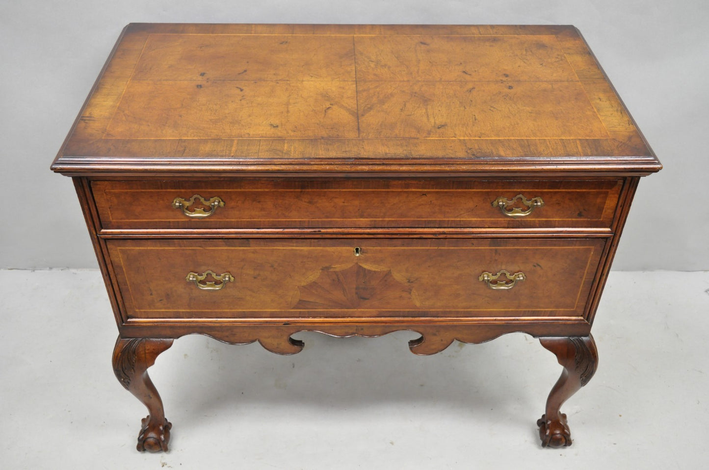 Antique English Georgian Burl Walnut Ball and Claw Inlaid Lowboy Bachelor Chest
