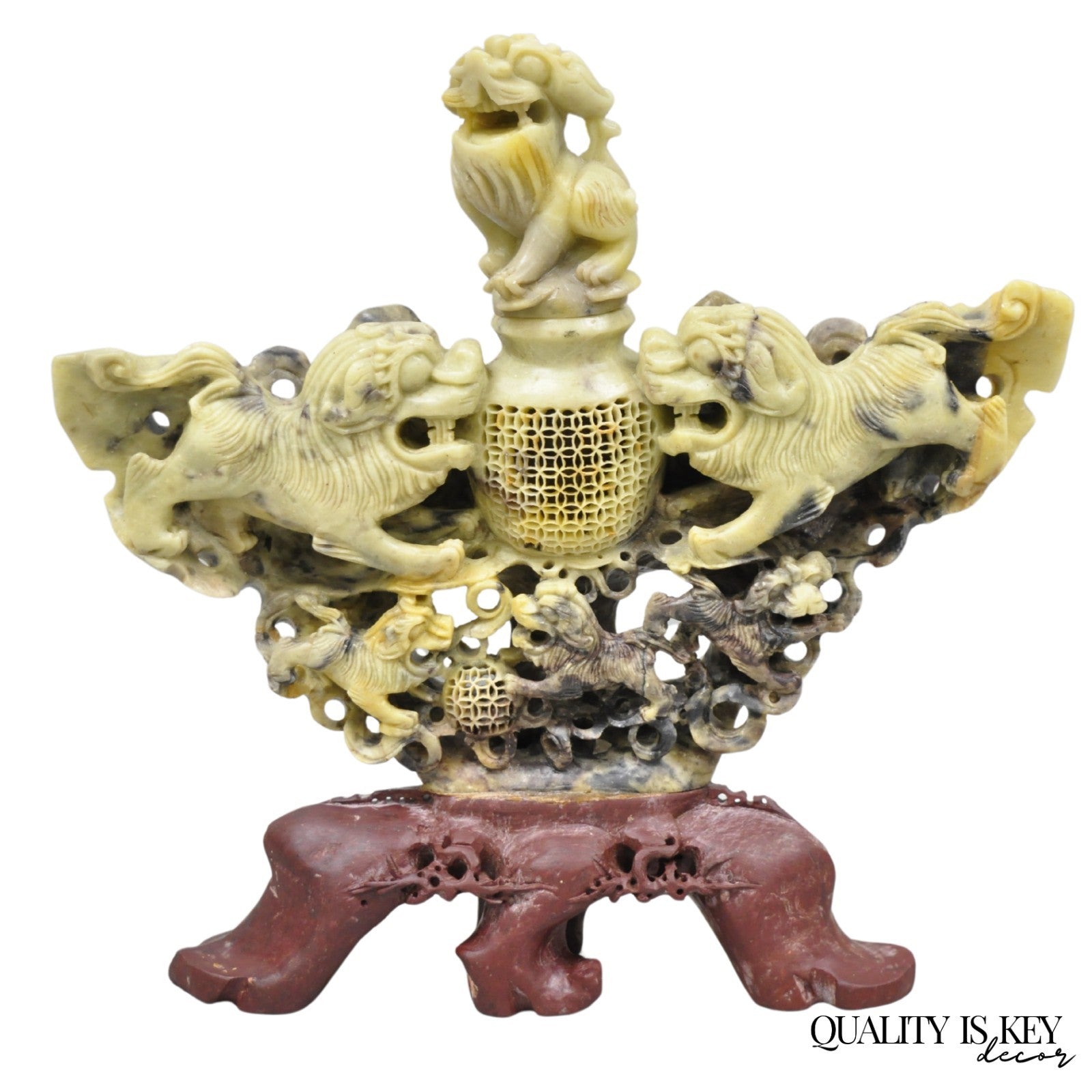 Vintage Chinese Carved Soapstone Foo Dog Figural Incense Burner Sculpture