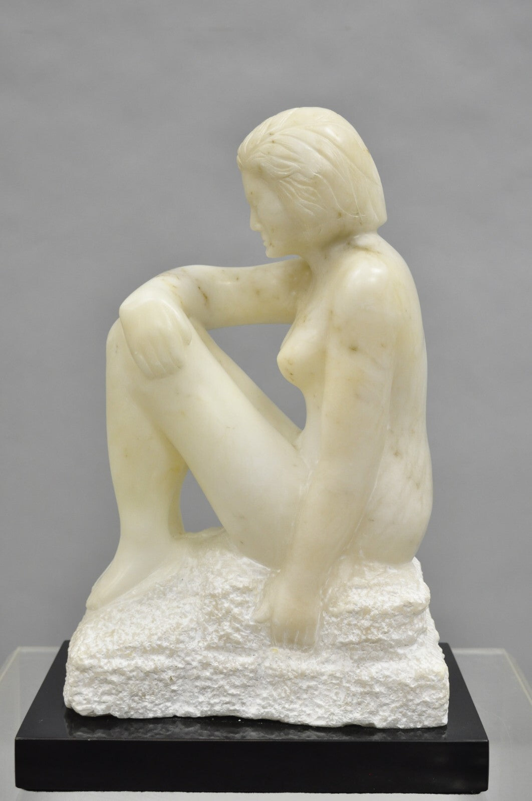 Morton Gaffin "Seated Woman" Modernist Carved White Alabaster Nude Sculpture