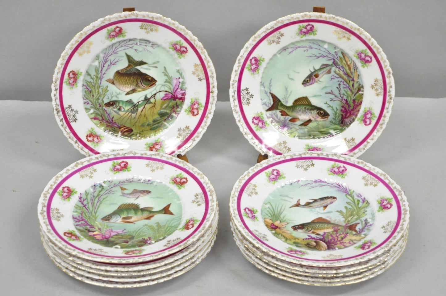 (12) Victoria Carlsbad Austria 8 3/8" Porcelain Fish Plates & Gravy Sauce Boat
