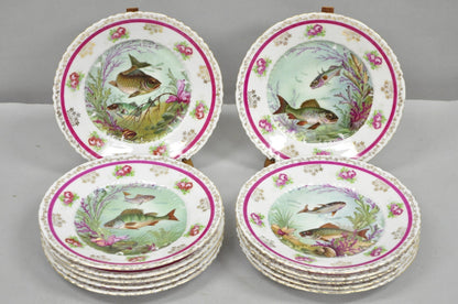 (12) Victoria Carlsbad Austria 8 3/8" Porcelain Fish Plates & Gravy Sauce Boat