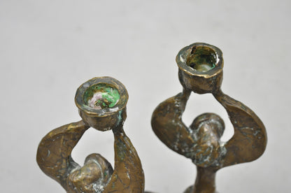 Vintage Brutalist Bronze Figural Dancing Rabbi Judaica Candlesticks - a Pair