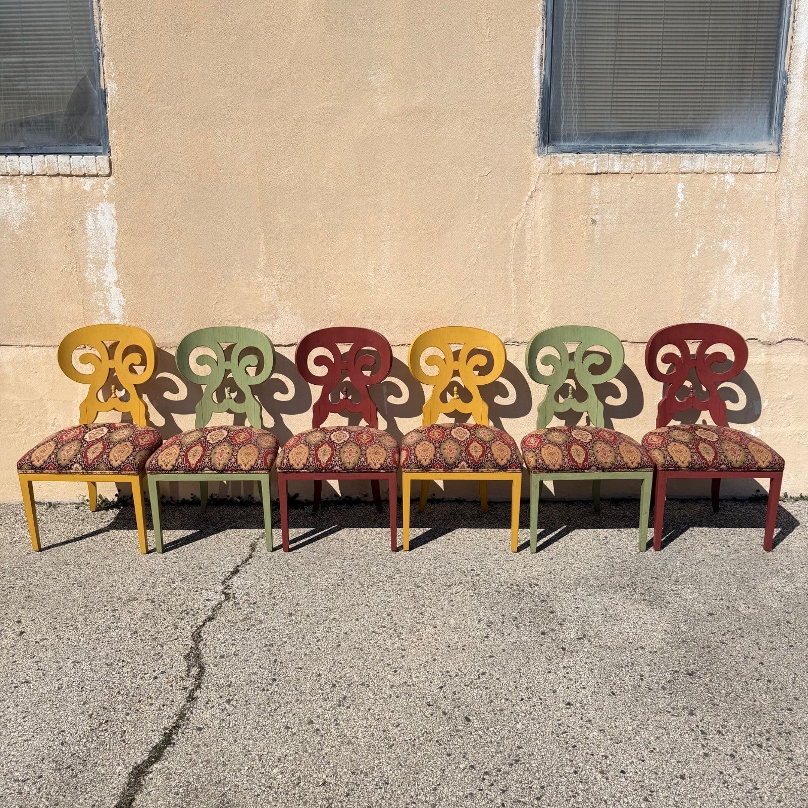 Contemporary Regency Style Red Green Yellow Scroll Back Dining Chairs - Set of 8