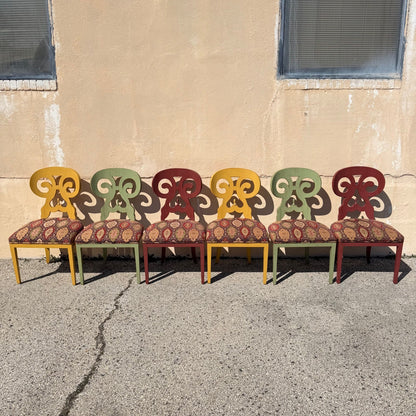 Contemporary Regency Style Red Green Yellow Scroll Back Dining Chairs - Set of 8