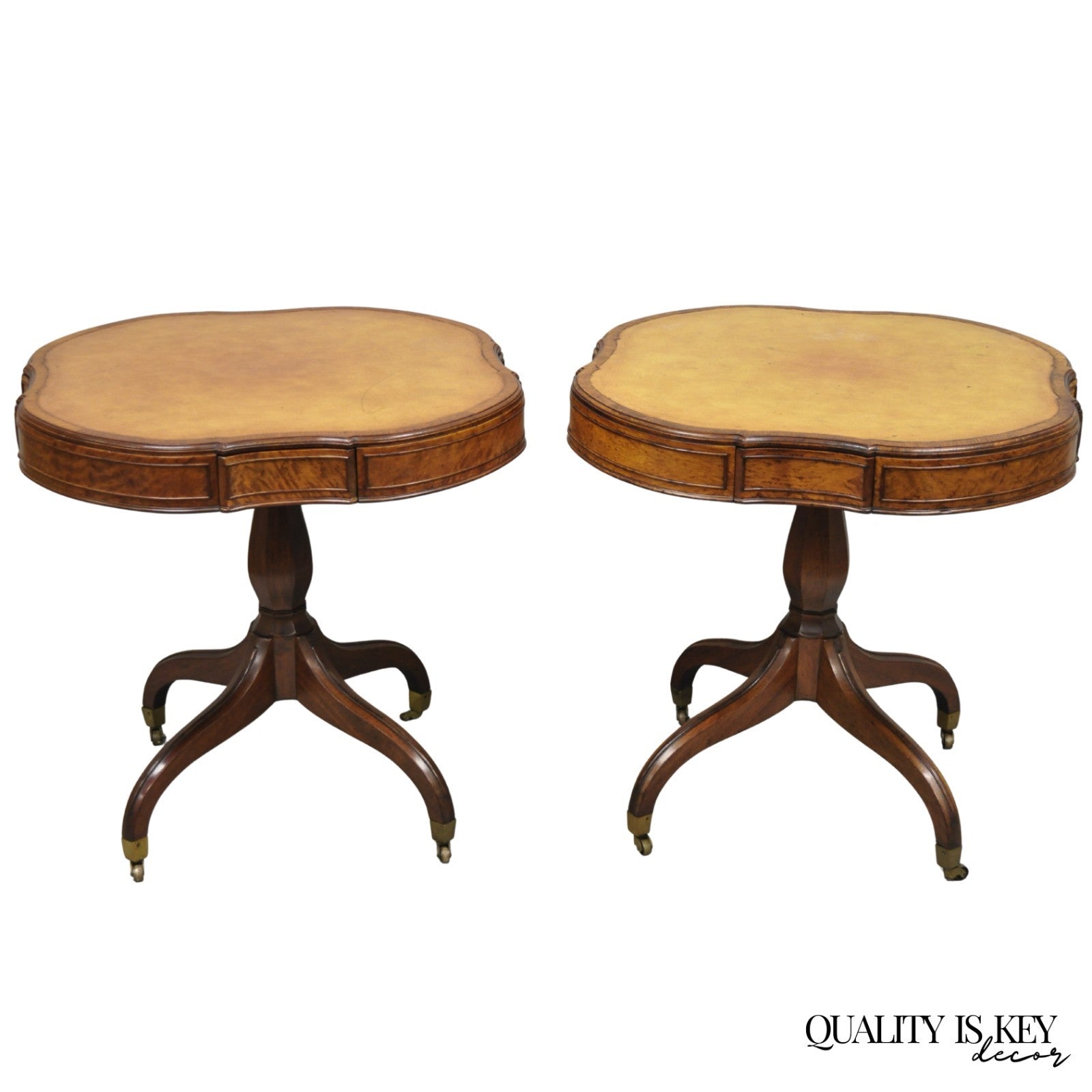 Vintage English Regency Leather Top Mahogany Drum End Table w/ 4 Drawers - Pair