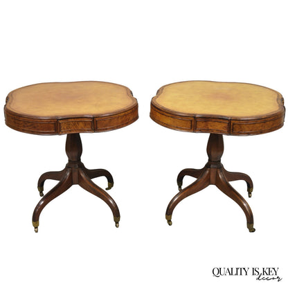 Vintage English Regency Leather Top Mahogany Drum End Table w/ 4 Drawers - Pair