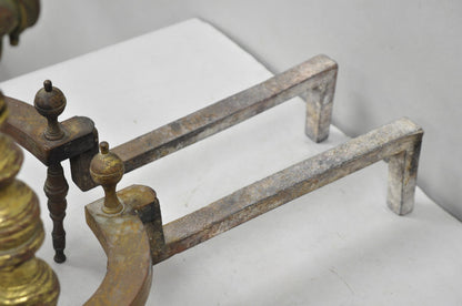 Antique French Baroque Louis XV Style Bronze Brass Andirons with Patina - a Pair